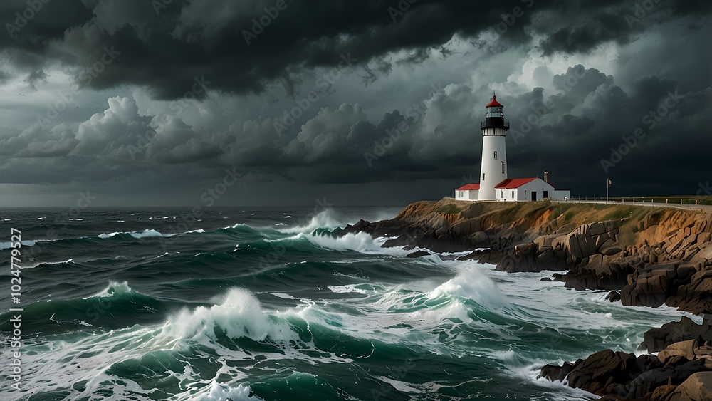Lighthouse on a Cliff During a Storm: Waves Crash Against Rocks Under Dark Skies Lighthouse on a Cliff During a Storm: Waves Crash Against Rocks Under Dark Skies
