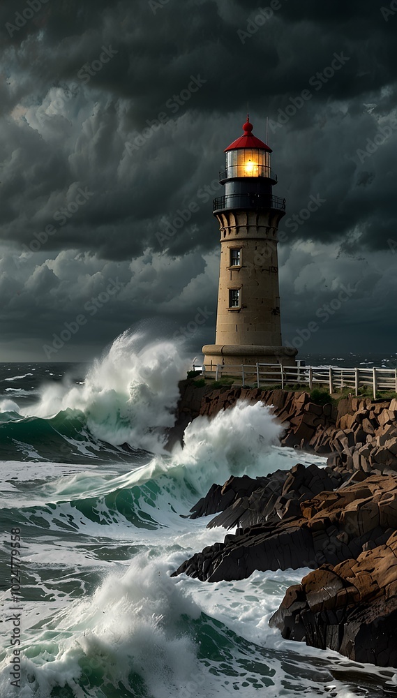 Lighthouse on a Cliff During a Storm: Waves Crash Against Rocks Under Dark Skies Lighthouse on a Cliff During a Storm: Waves Crash Against Rocks Under Dark Skies