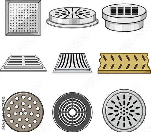 drain cover set cartoon. lid stormwater, infrastructure safety, access maintenance drain cover sign. isolated symbol vector illustration