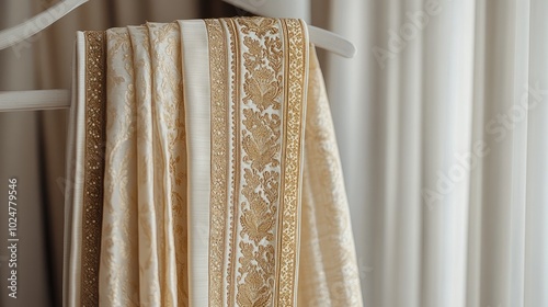 Luxurious dhoti with gold detailing, elegantly placed on a sleek white hanger, neutral backdrop emphasizing its richness.