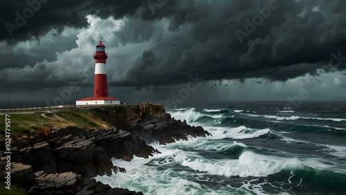 Lighthouse on a Cliff During a Storm: Waves Crash Against Rocks Under Dark Skies