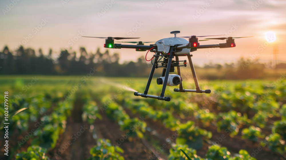drone flying over lush green agricultural field during sunset, showcasing modern farming technology and its impact on crop management drone flying over lush green agricultural field during sunset, showcasing modern farming technology and its impact on crop management
