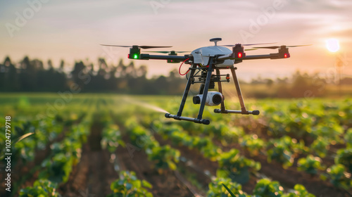 drone flying over lush green agricultural field during sunset, showcasing modern farming technology and its impact on crop management