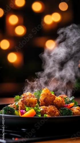 Goldenfried pakoras with assorted vegetables in a crispy chickpea batter, steaming hot photo