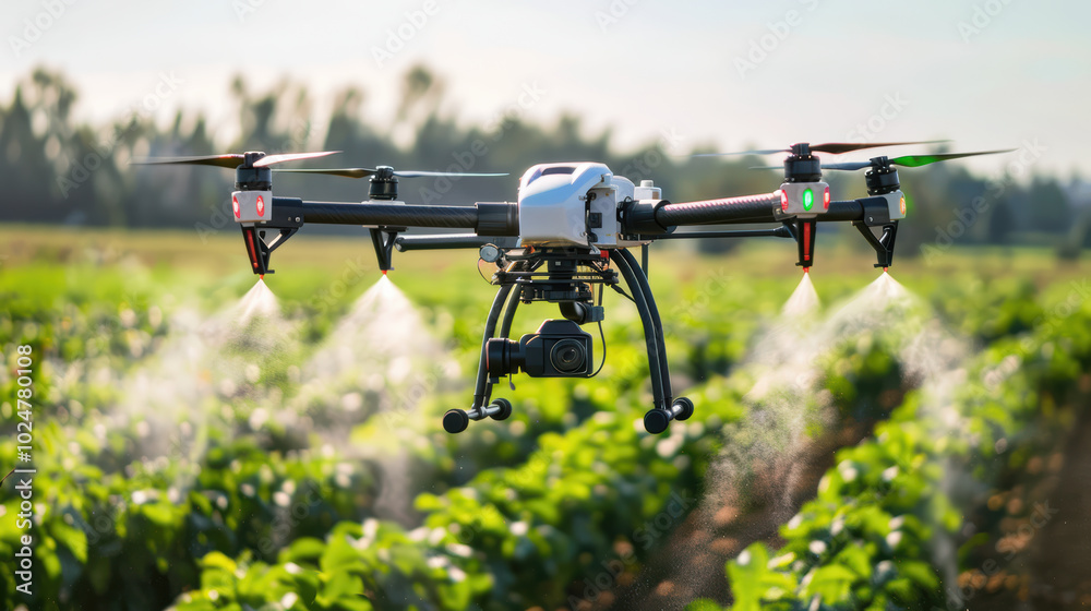 drone equipped with camera is flying over lush green field, spraying crops with precision. This innovative technology enhances agricultural practices and promotes efficient farming drone equipped with camera is flying over lush green field, spraying crops with precision. This innovative technology enhances agricultural practices and promotes efficient farming