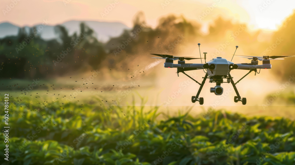 drone flying over lush green field, spraying crops at sunset, creates serene yet industrious atmosphere. scene captures essence of modern agriculture and technology drone flying over lush green field, spraying crops at sunset, creates serene yet industrious atmosphere. scene captures essence of modern agriculture and technology