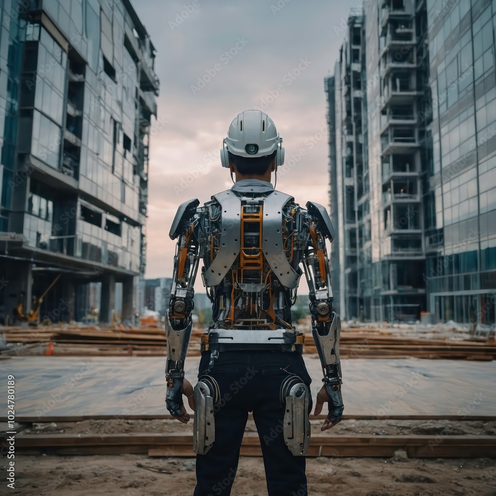 a construction worker with a half-robot human form, standing facing a modern building a construction worker with a half-robot human form, standing facing a modern building