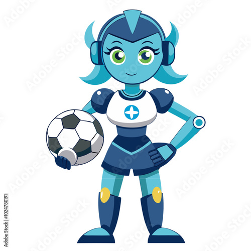 Futuristic Soccer Star: A captivating illustration of a female robot athlete, her blue metallic body gleaming as she confidently holds a soccer ball. The perfect image for sports, technology.