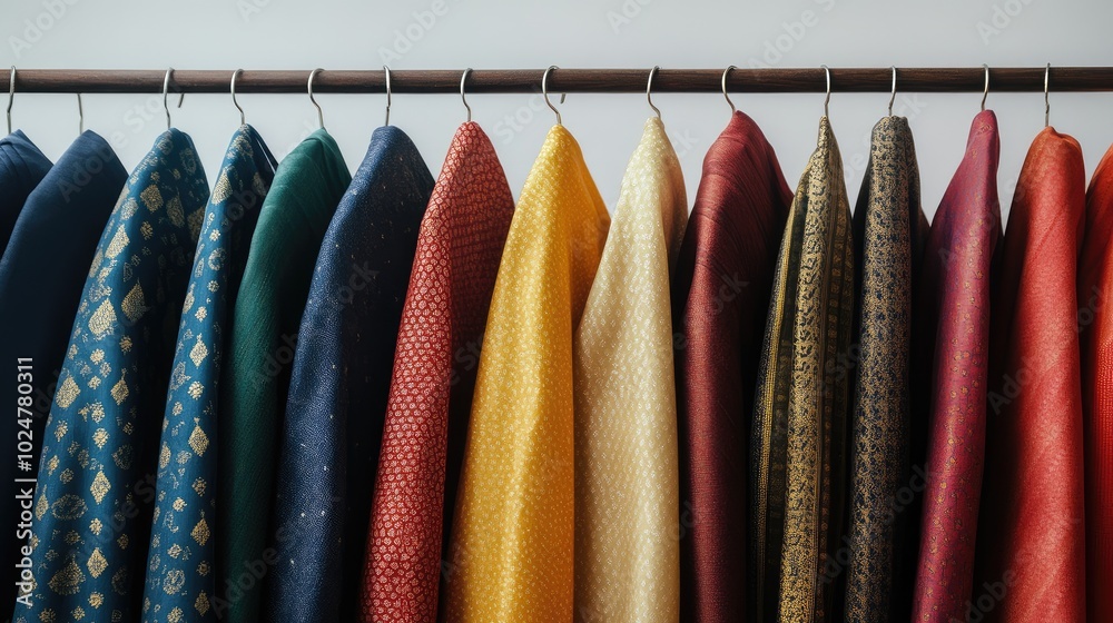 Luxurious dhotis in various colors, neatly displayed on hangers, minimalist background highlighting the richness of the fabric. Luxurious dhotis in various colors, neatly displayed on hangers, minimalist background highlighting the richness of the fabric.