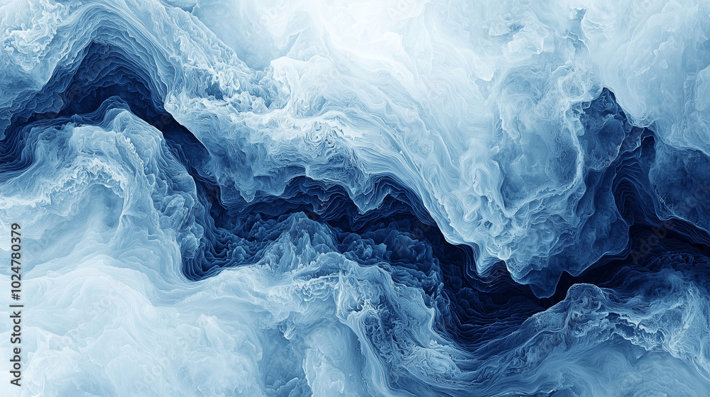 Top view of realistic ice texture on a frozen river, showing high-detail patterns and natural variations from deep blue to light blue and gray tones. Winter landscape concept with abstract formations Top view of realistic ice texture on a frozen river, showing high-detail patterns and natural variations from deep blue to light blue and gray tones. Winter landscape concept with abstract formations