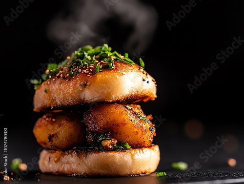 Goldenfried vada pav with a spicy potato filling encased in a soft bread roll photo