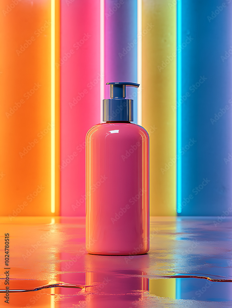 A pink bottle of hand soap sits on a wet, reflective surface, with colorful neon lights in the background.