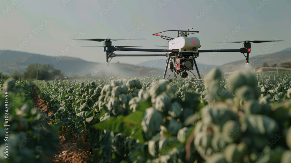 Fototapeta premium drone hovers above lush green field, capturing essence of modern agriculture. This innovative technology enhances crop monitoring and management, showcasing future of farming