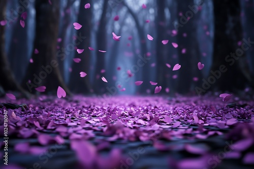 Magical forest pathway adorned with vibrant purple flower petals falling gently, creating an enchanting and dreamy atmosphere.