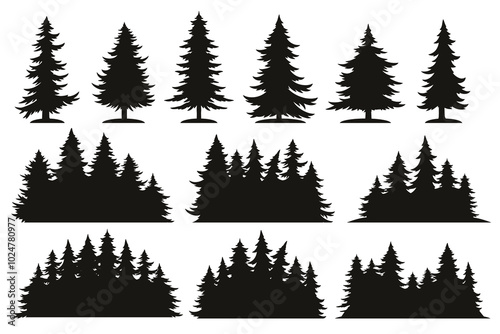 Christmas trees set emblems monochrome