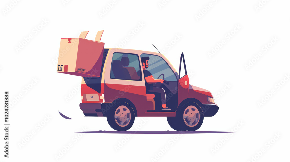 delivery driver is seen in small van, transporting large cardboard box. vibrant colors and stylized design convey sense of movement and efficiency in logistics delivery driver is seen in small van, transporting large cardboard box. vibrant colors and stylized design convey sense of movement and efficiency in logistics