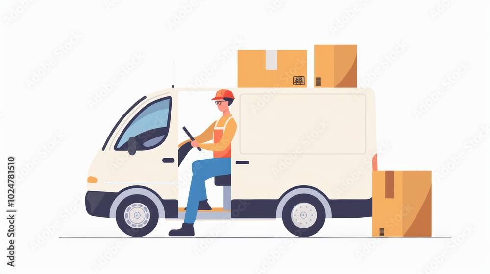 delivery van with worker sitting inside, surrounded by stacked boxes, represents logistics and transportation industry. scene conveys sense of efficiency and readiness for delivery tasks delivery van with worker sitting inside, surrounded by stacked boxes, represents logistics and transportation industry. scene conveys sense of efficiency and readiness for delivery tasks