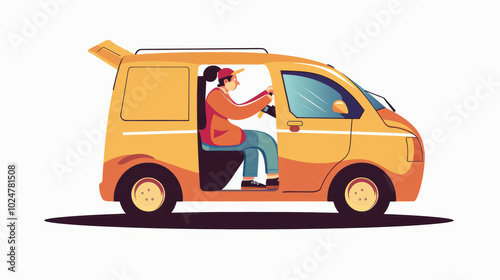 vibrant illustration of woman driving orange van, showcasing dynamic and cheerful scene. vans door is open, adding sense of movement and adventure