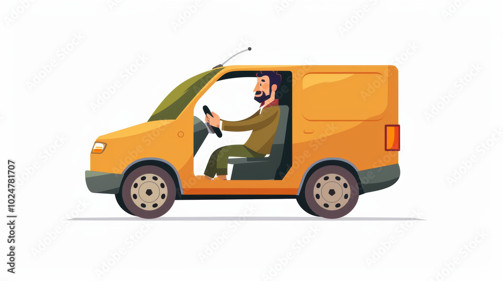 cheerful man driving orange van, showcasing fun and lively atmosphere. vehicle is cartoonish and emphasizes sense of adventure and joy cheerful man driving orange van, showcasing fun and lively atmosphere. vehicle is cartoonish and emphasizes sense of adventure and joy
