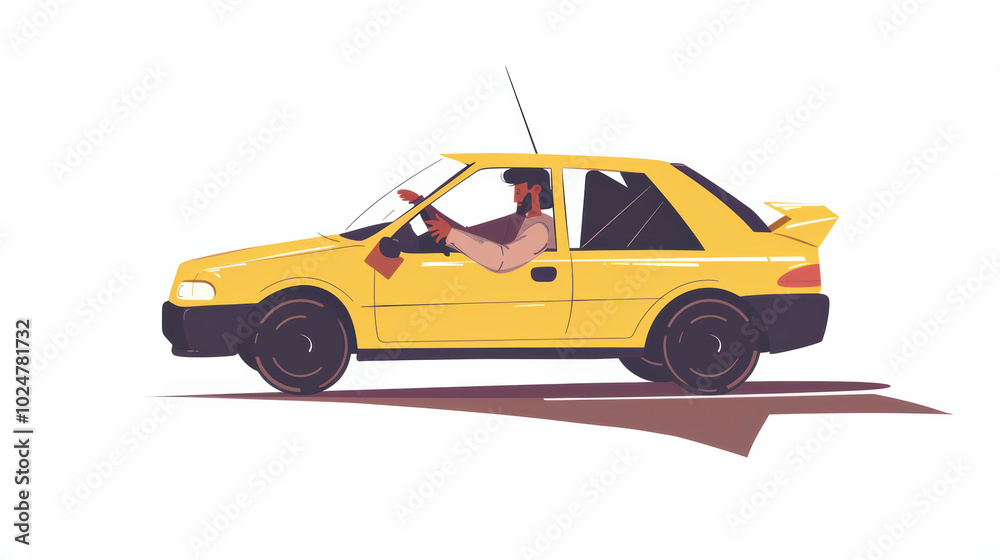 vibrant yellow car is depicted with driver inside, showcasing dynamic and modern design. illustration captures sense of movement and energy, perfect for automotive themes vibrant yellow car is depicted with driver inside, showcasing dynamic and modern design. illustration captures sense of movement and energy, perfect for automotive themes