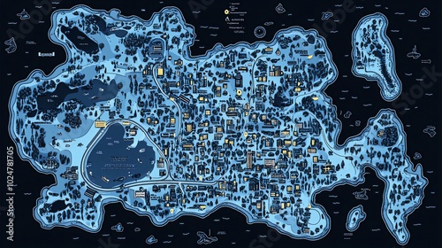 A detailed map of a fictional city with landmarks and surrounding waters, presented in a stylized, minimalist design.
