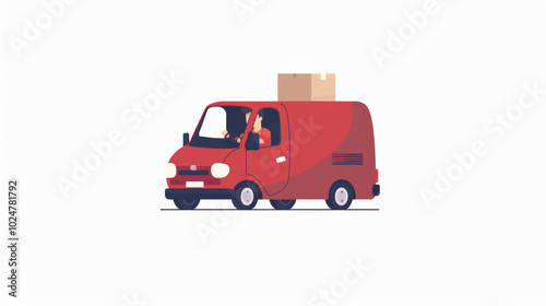 cheerful red delivery van is depicted, with driver happily transporting package. This illustration captures essence of logistics and transportation