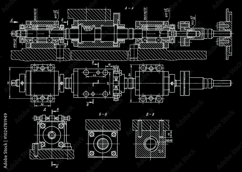Shaft or screw with thread.
Engineering mechanical drawing of steel device
with dimension lines. Industrial 
cad scheme. Technology background
of machine building industry. Machined template.