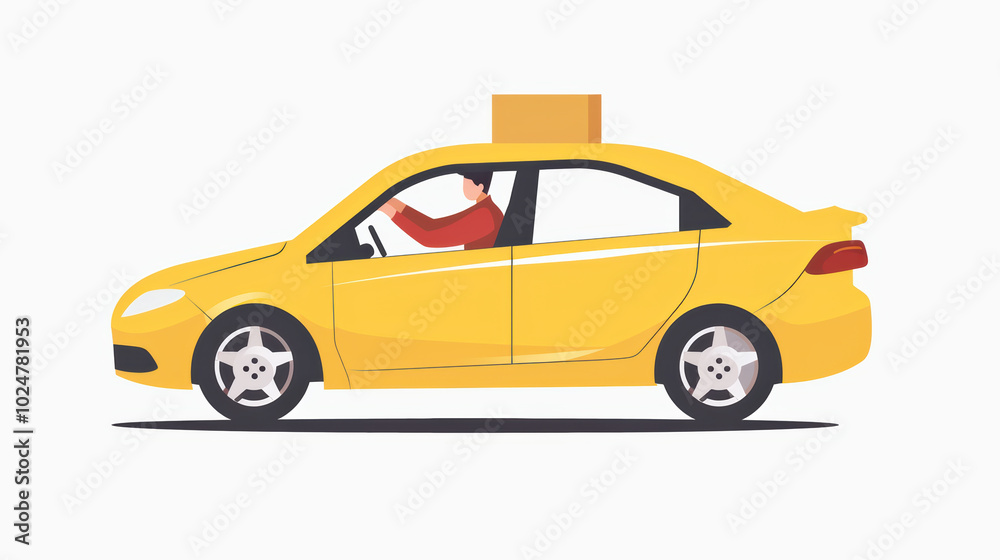 Obraz premium vibrant yellow taxi car is depicted in side view, showcasing driver inside. vehicle features delivery box on top, symbolizing transportation and delivery services