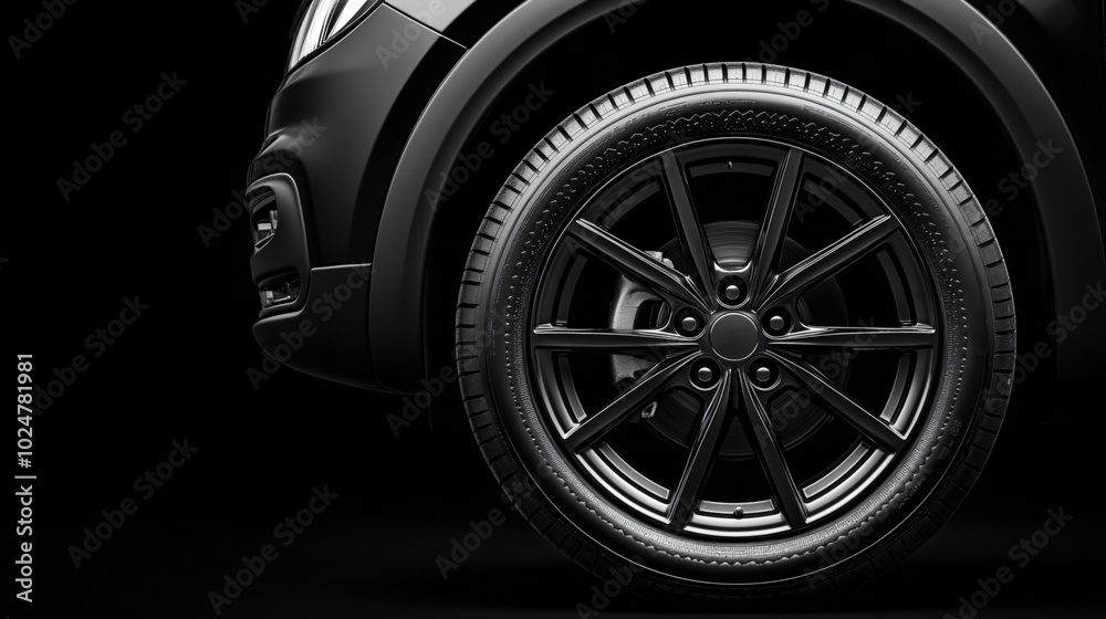 Close-up of a black car wheel with alloy rim against a dark background, showing tire tread and part of the vehicle body.