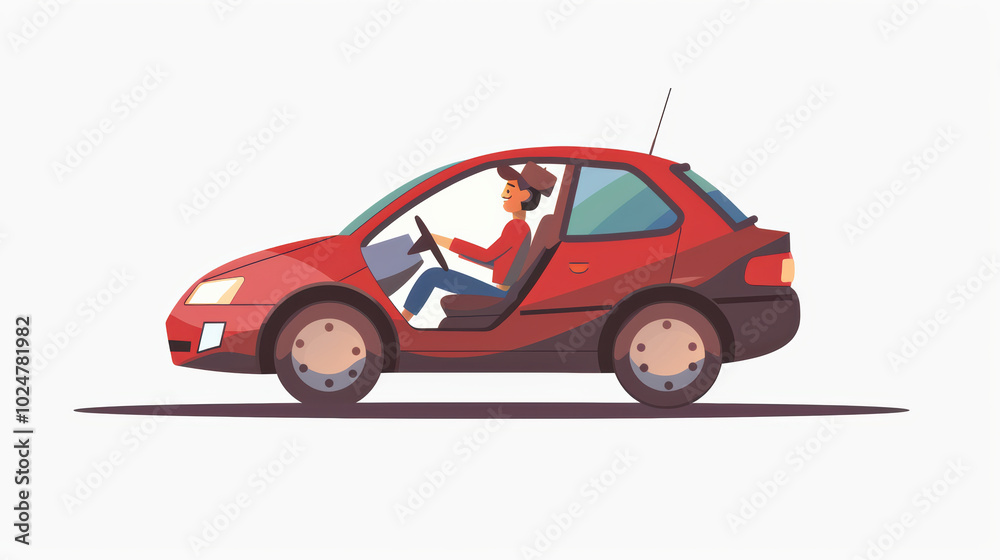 Naklejka premium vibrant red car is depicted with person driving, showcasing modern and dynamic design. character appears focused and engaged while navigating road