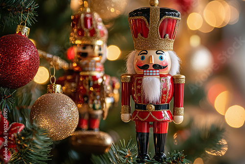 Cute nutcracker figurines decorate festive tree with colorful ornaments and lights