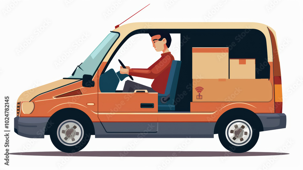 Delivery van illustration featuring driver in red shirt, surrounded by boxes, conveying sense of efficiency and service Delivery van illustration featuring driver in red shirt, surrounded by boxes, conveying sense of efficiency and service