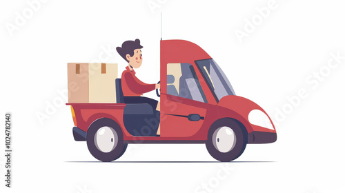 cheerful delivery driver in red vehicle transports large box, showcasing friendly and efficient service. This illustration captures essence of logistics and delivery