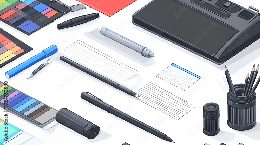 A flat lay of office supplies, including a graphic tablet, pens, pencils, markers, a color swatch book, and a notebook.