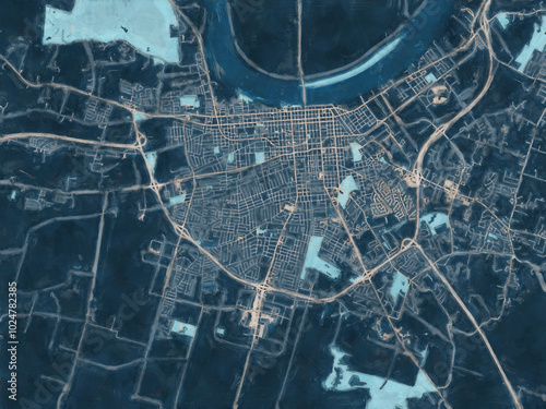 Painterly Style City Map of Owensboro  Indiana, USA in a Blue Color Scheme.