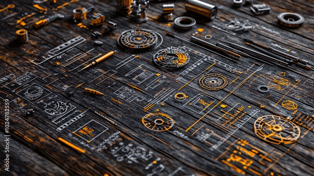 A flat lay of various metallic parts and a technical drawing on a wooden surface.