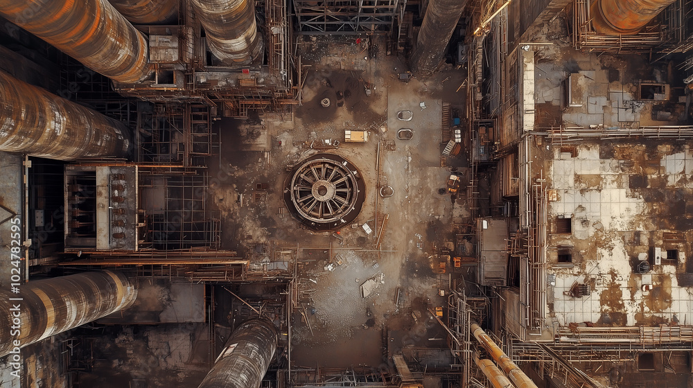 An aerial view of an abandoned industrial site with rusting pipes, scaffolding, and a large central wheel. An aerial view of an abandoned industrial site with rusting pipes, scaffolding, and a large central wheel.