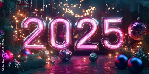 Futuristic chrome numbers "2025" with glowing neon accents, surrounded by Christmas lights and ornaments.