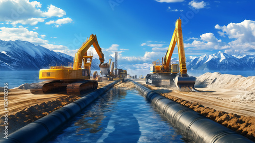 Two Excavators Working on a Pipeline Project in a Mountainous Landscape.