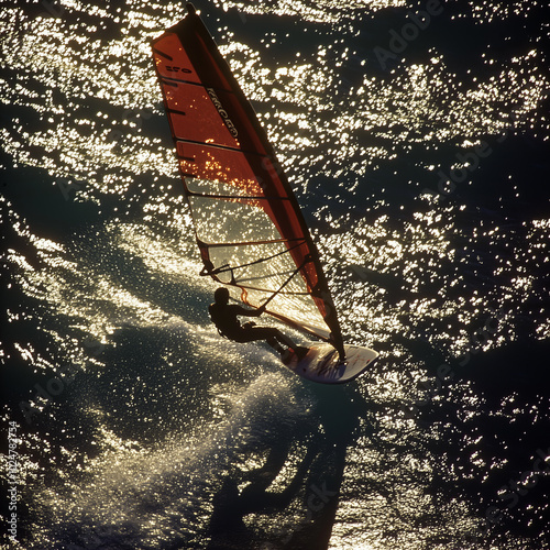 Silhouetted windsurfer carves through sun-dappled water.