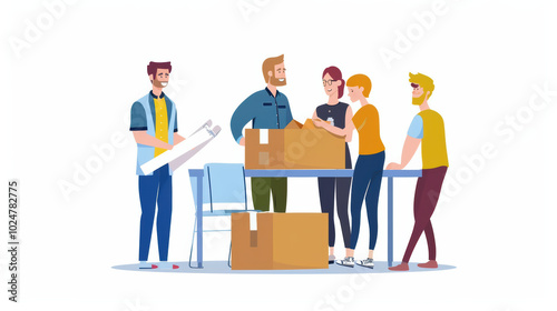 Collaborative group of people unpacking boxes and organizing items in bright, cheerful setting. Their teamwork and enthusiasm create positive atmosphere