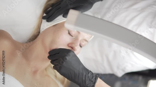 Buccal facial massage, close-up. Women doing cheekbone massage in a beauty salon.