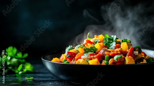 Spicy vegetable jalfrezi with colorful bell peppers and onions in a tangy tomato sauce photo