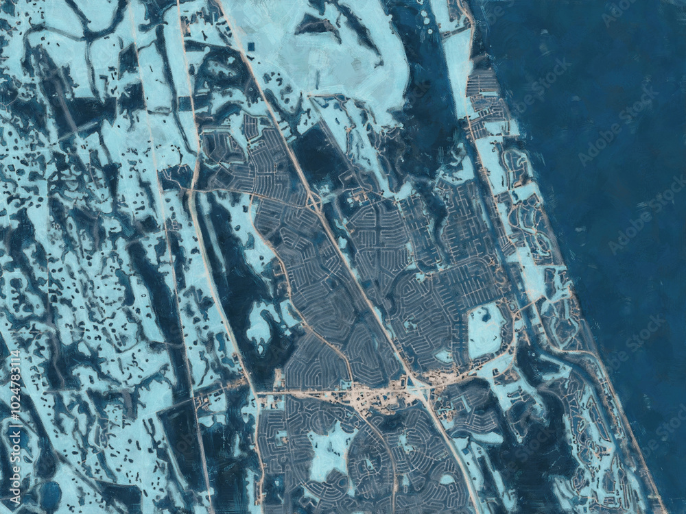Fototapeta premium Painterly Style City Map of Palm Coast Florida, USA in a Blue Color Scheme.
