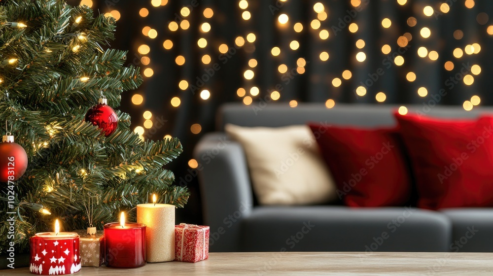 Candles illuminate a festive arrangement of Christmas decorations and pillows, setting a warm and inviting atmosphere perfect for New Year's Eve family gatherings