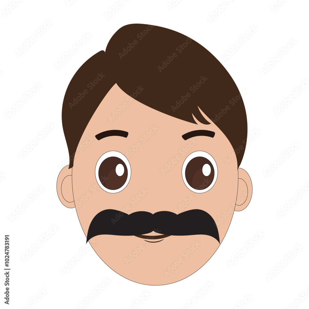 Illustration of a cartoon man is face with mustache and big eyes, brown hair and a thick black mustache. Minimalist design, perfect for avatars, stickers or other graphic projects. Eps 10 Illustration of a cartoon man is face with mustache and big eyes, brown hair and a thick black mustache. Minimalist design, perfect for avatars, stickers or other graphic projects. Eps 10