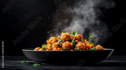 Spicy vegetable manchurian with crispy vegetable balls in a glossy, reddishbrown sauce photo