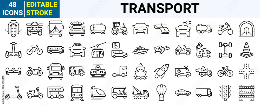 Transport web line icons. Containing car, bike, plane, train, bicycle, motorbike, bus and scooter. Editable stroke. Vector illustration Transport web line icons. Containing car, bike, plane, train, bicycle, motorbike, bus and scooter. Editable stroke. Vector illustration