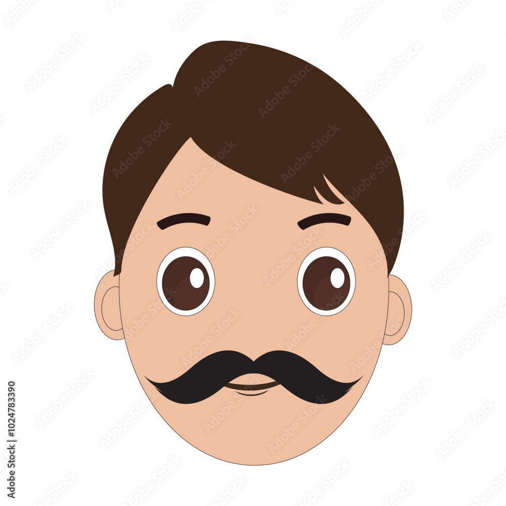 Illustration of a cartoon man is face with mustache and big eyes, brown hair and a thick black mustache. Minimalist design, perfect for avatars, stickers or other graphic projects. Eps 10 Illustration of a cartoon man is face with mustache and big eyes, brown hair and a thick black mustache. Minimalist design, perfect for avatars, stickers or other graphic projects. Eps 10