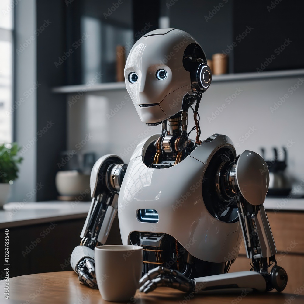 Fototapeta premium AI-driven robot assistant serving a cup of coffee in a minimalist high-tech apartmen